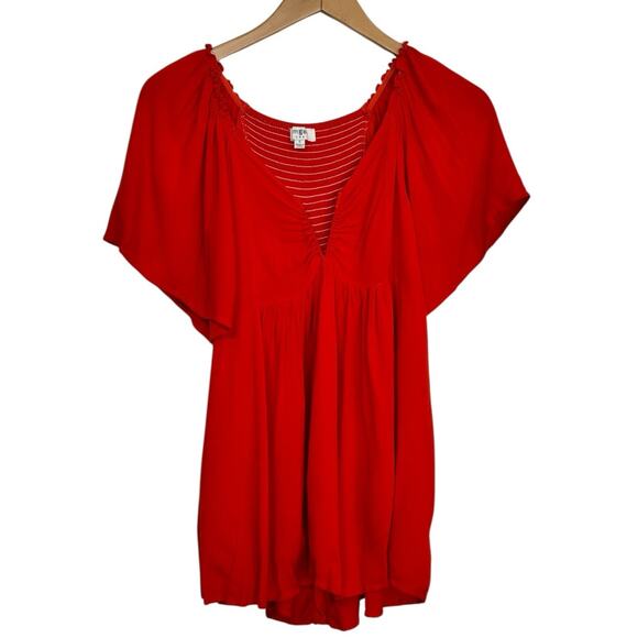 Umgee Vibrant Red/Orange V-Neck Flutter Sleeve Babydoll Top Size Small - Picture 2 of 9
